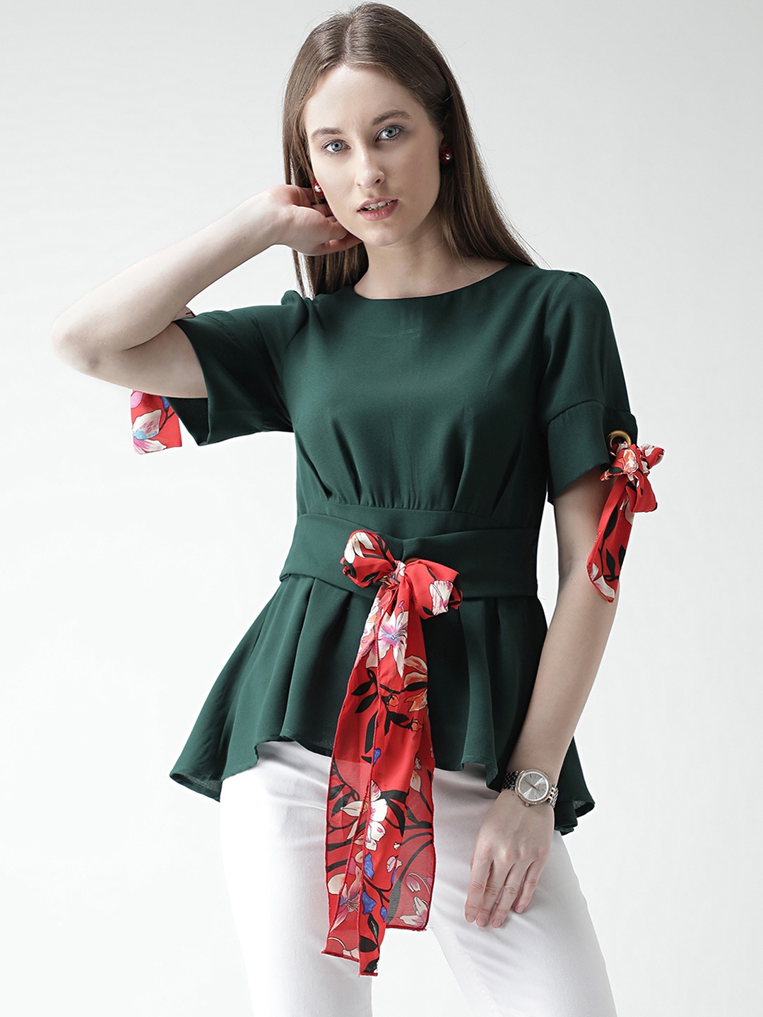 

KASSUALLY Women Green Solid Cinched Waist Top