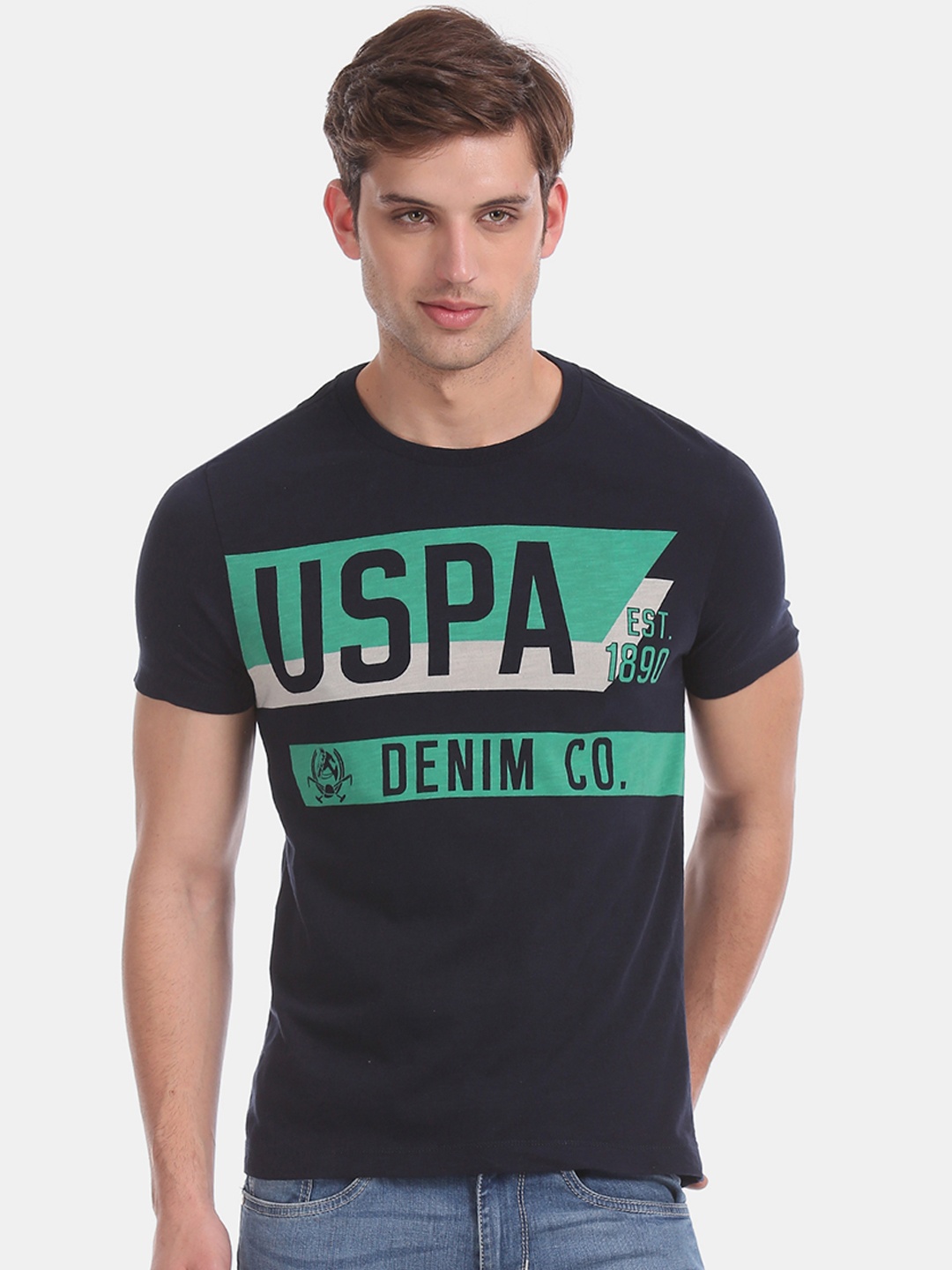 

U.S. Polo Assn. Men Navy Blue Printed Round Neck Pure Cotton T-shirt