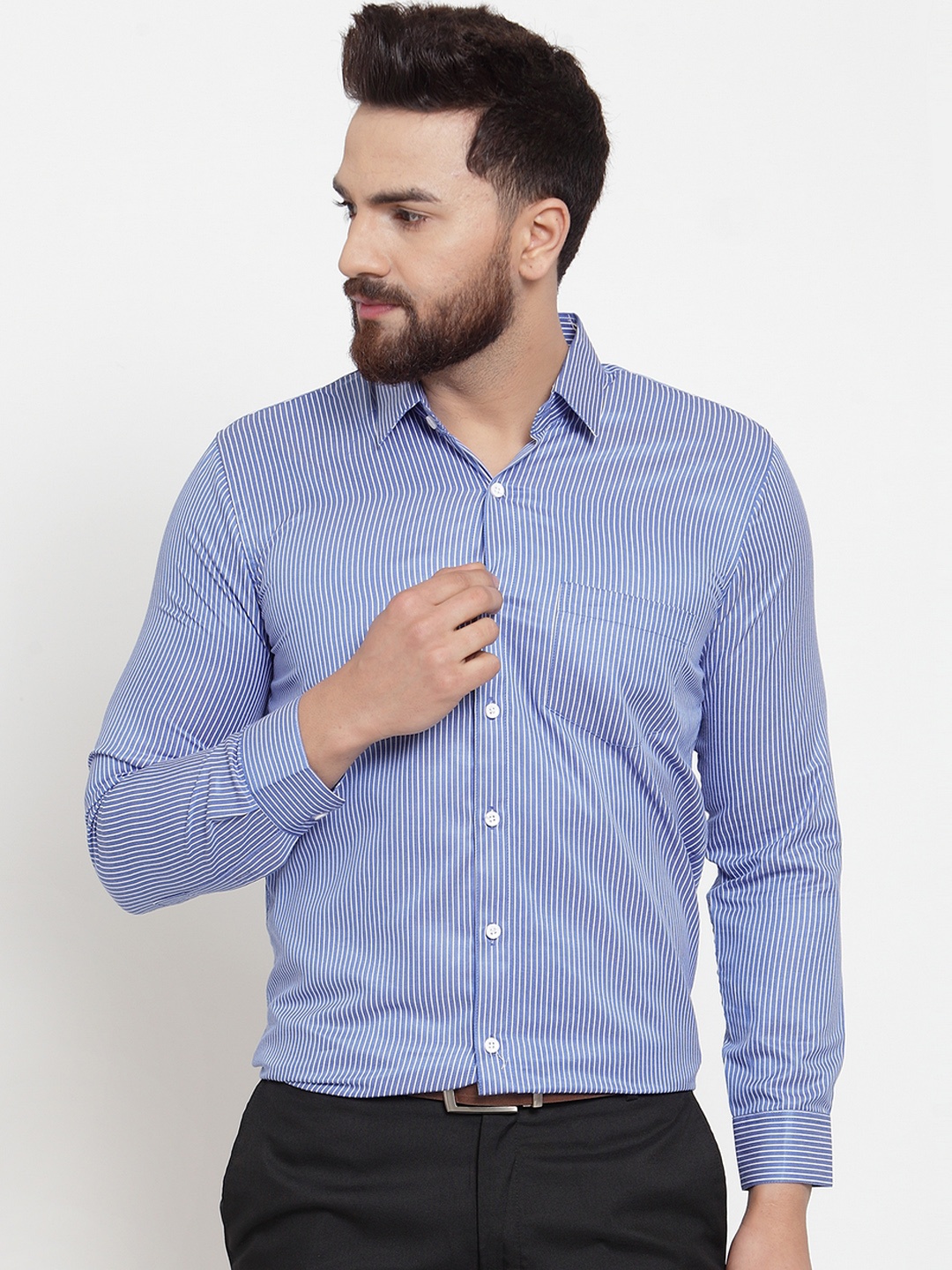 

JAINISH Men Blue & White Regular Fit Striped Formal Shirt