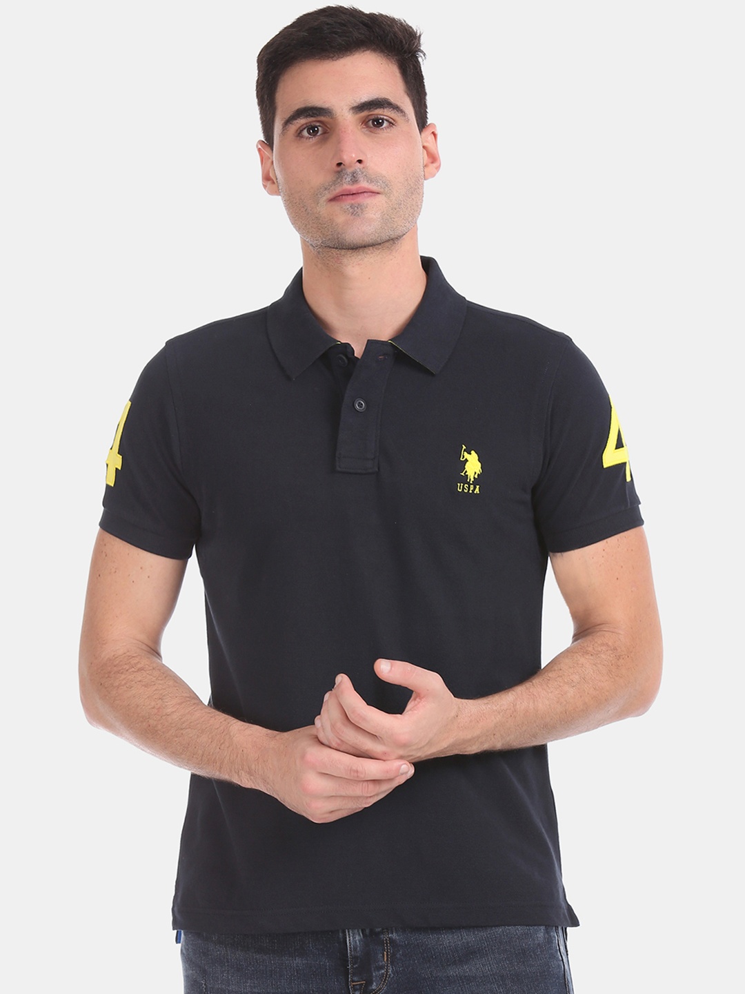 

U.S. Polo Assn. Men Blue Printed Polo Collar Pure Cotton T-shirt