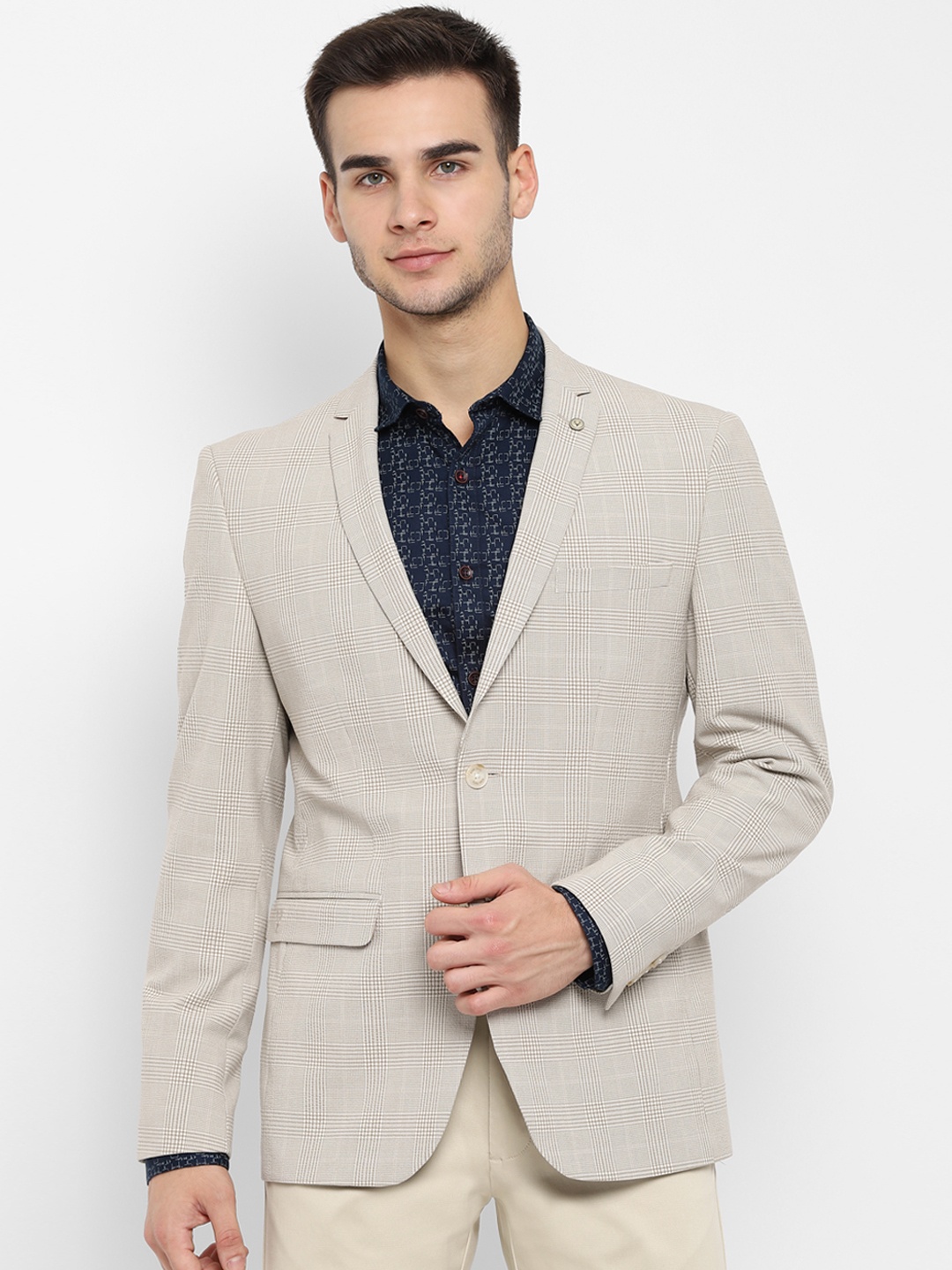 

Allen Solly Men Beige Checked Slim-Fit Single-Breasted Casual Blazer