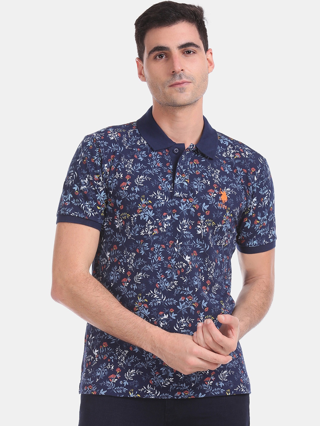 

U.S. Polo Assn. Men Blue Printed Polo Collar T-shirt