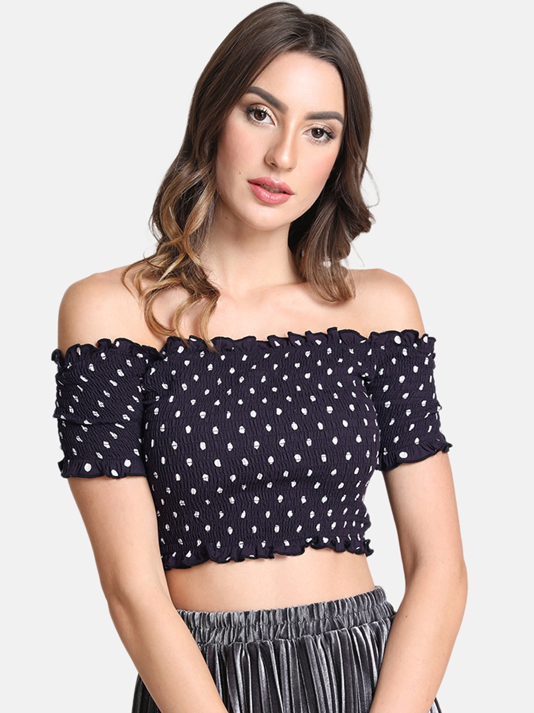

Kazo Women Navy Blue Polka Dot Print Bardot Top