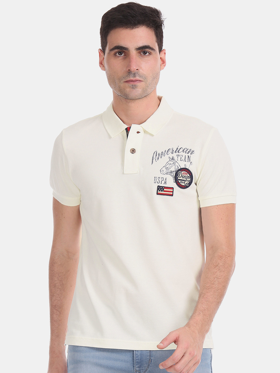 

U.S. Polo Assn. Men White Blue Printed Polo Collar Pure Cotton T-shirt