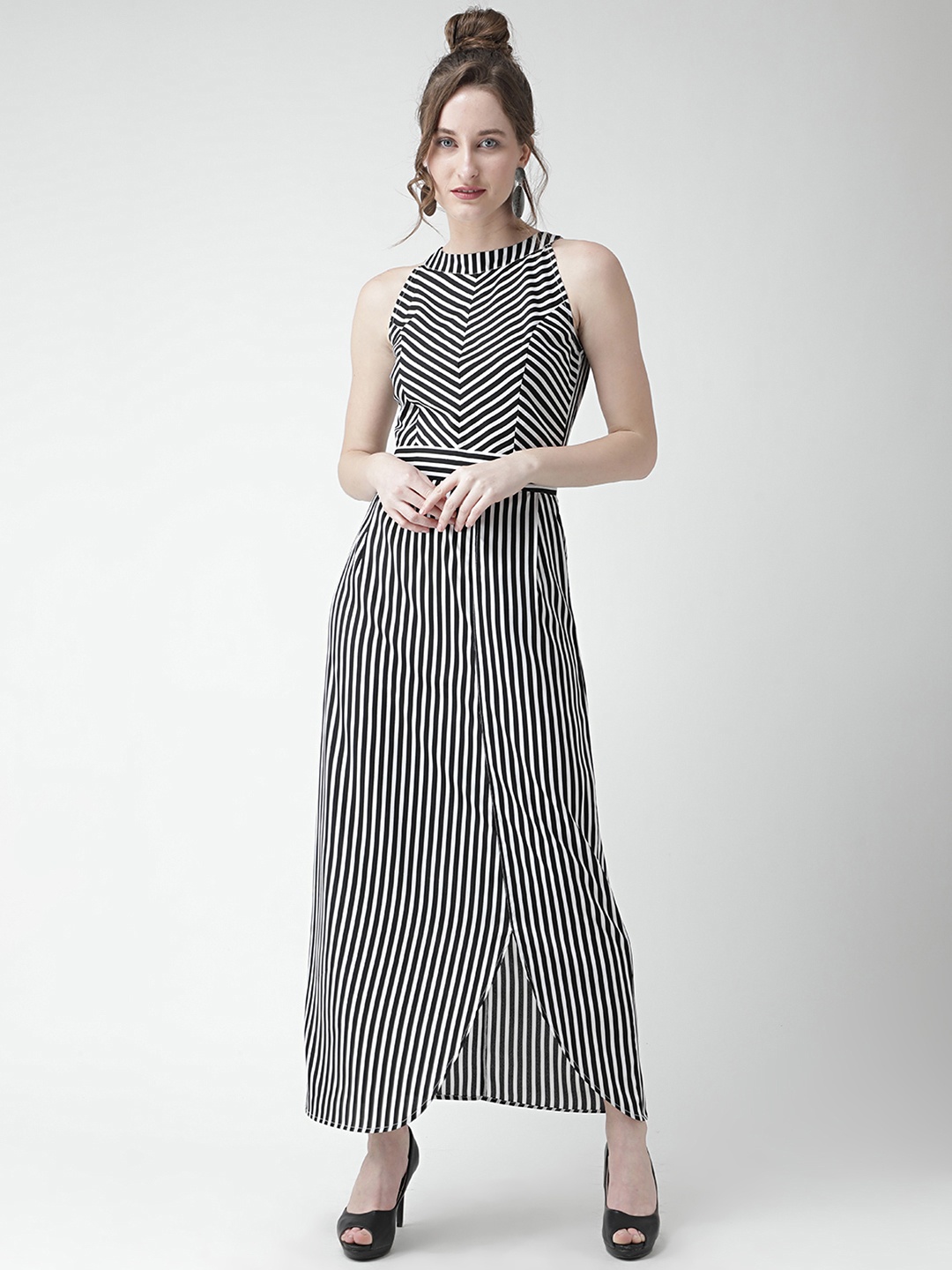 

KASSUALLY Women Black & White Striped Halter Maxi Dress