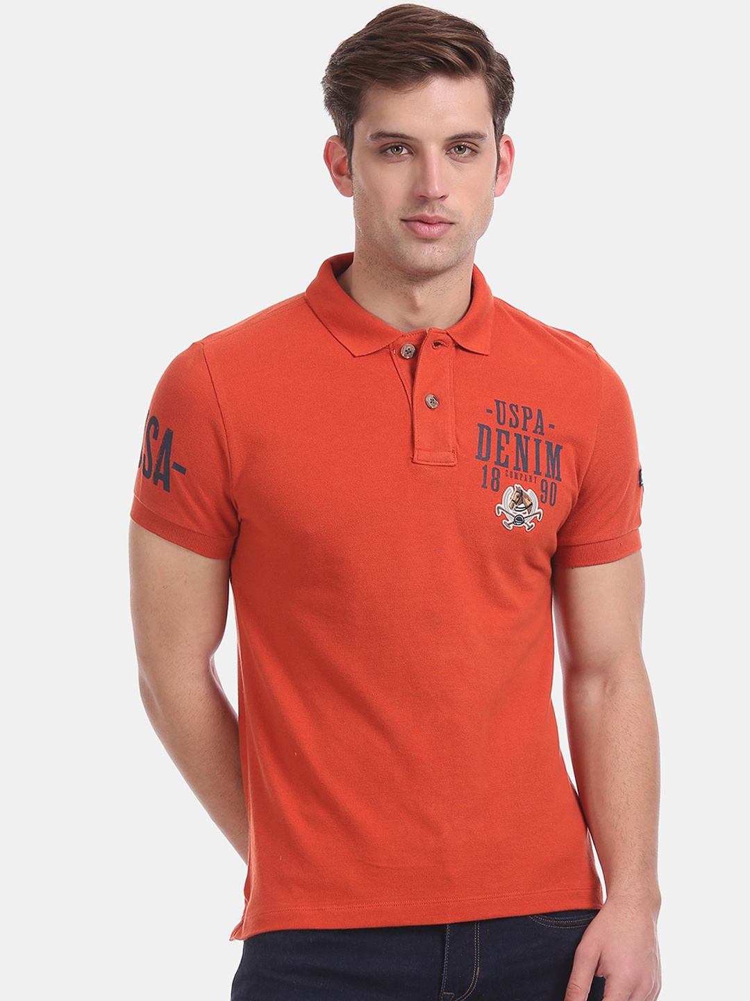 

U.S. Polo Assn. Men Orange Solid Polo Collar Pure Cotton T-shirt