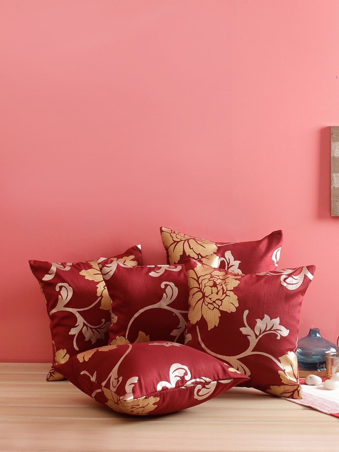 

ROMEE Maroon & Golden Set of 5 Floral Square Cushion Covers