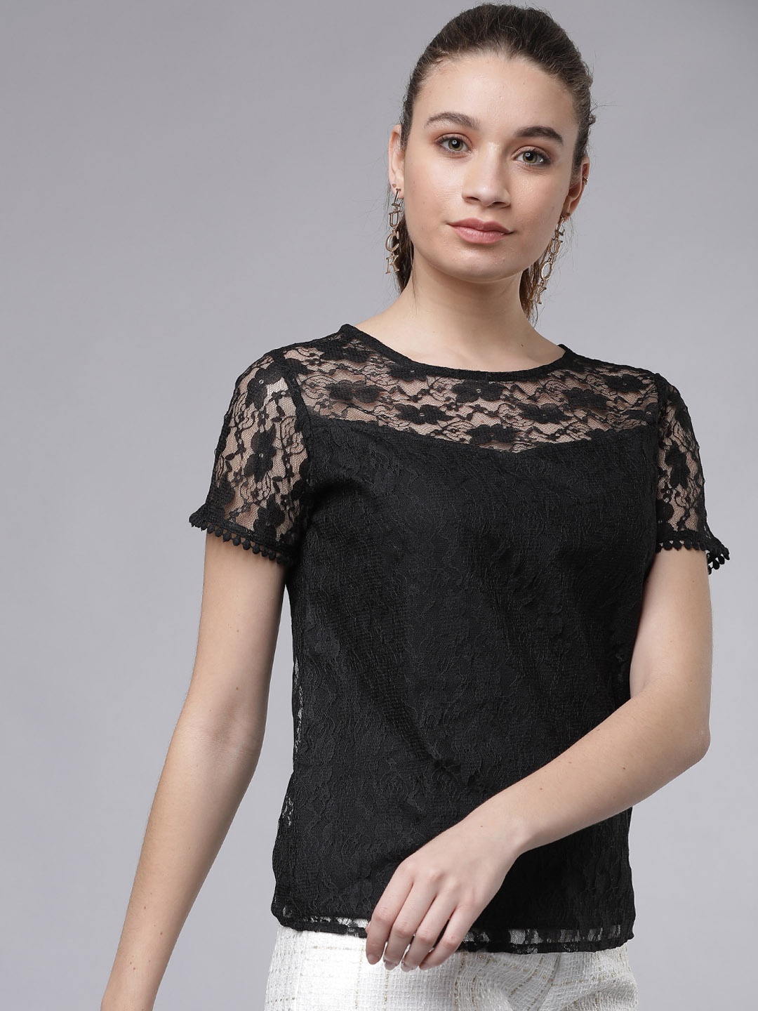 

Tokyo Talkies Women Black Self Design Top