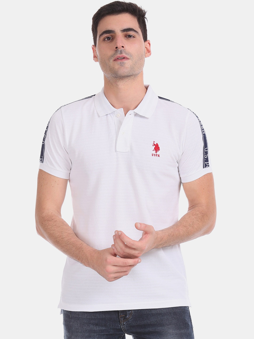 

U.S. Polo Assn. Men White Solid Polo Collar Pure Cotton T-shirt