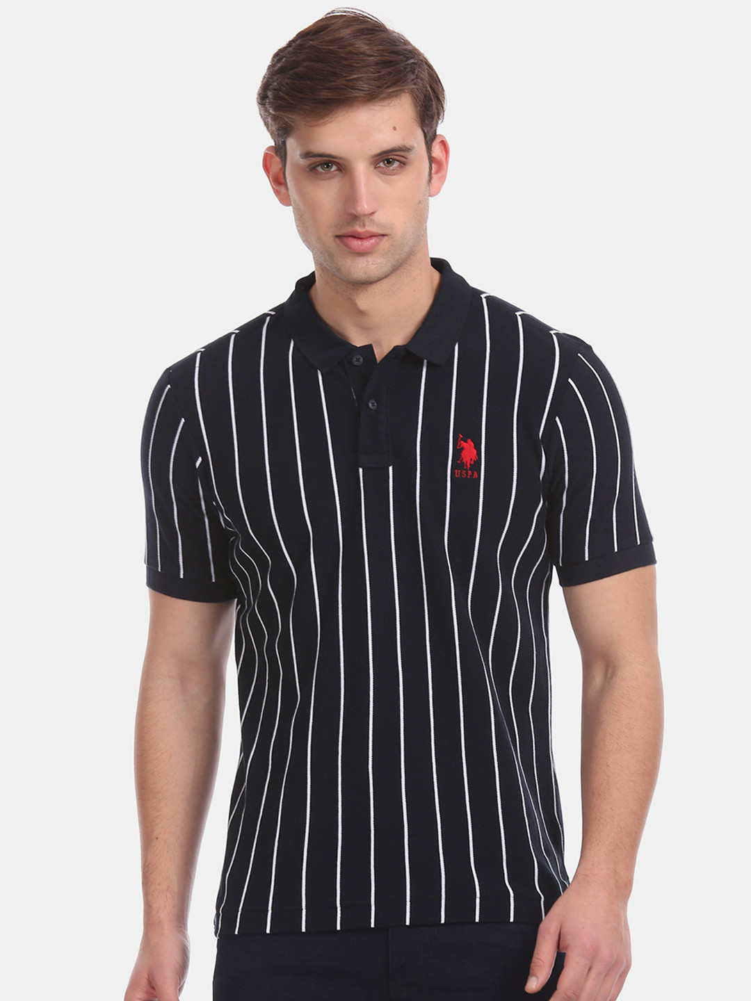 

U.S. Polo Assn. Men Navy Blue Striped Polo Collar Pure Cotton T-shirt