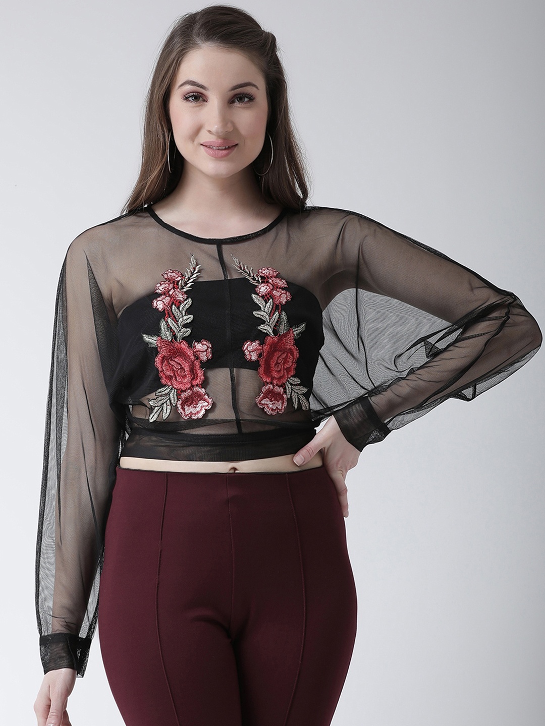 KASSUALLY Women Black Embroidered Styled Back Top
