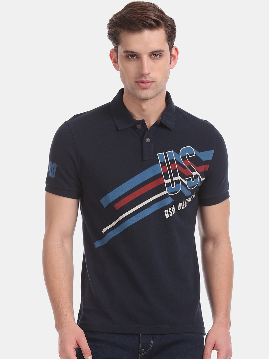

U.S. Polo Assn. Men Navy Blue Printed Polo Collar Pure Cotton T-shirt