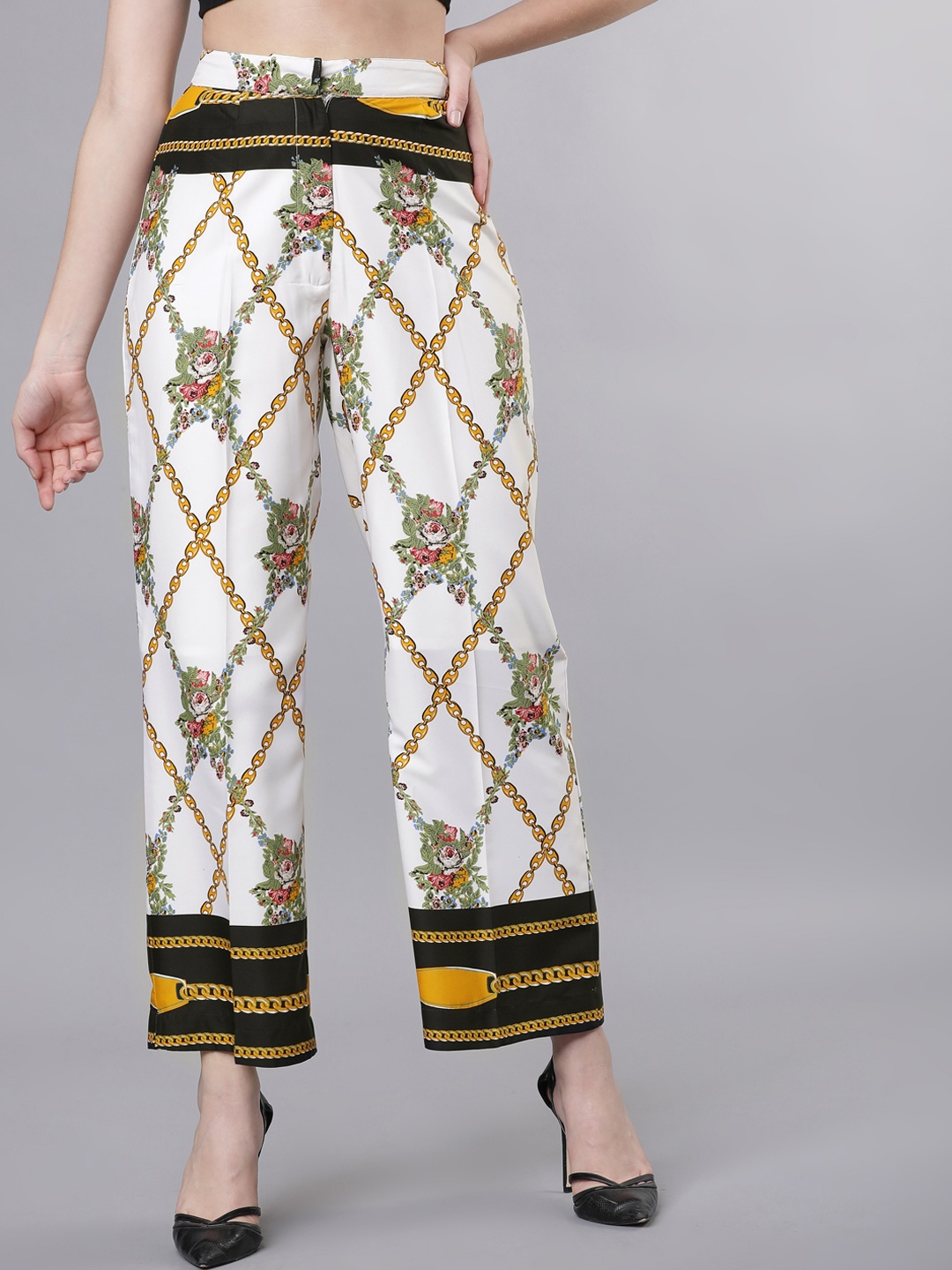Tokyo Talkies Women White & Mustard Yellow Regular Fit Printed Regular Trousers