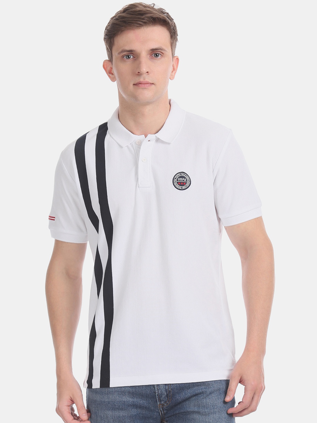 

U.S. Polo Assn. Men White Black Striped Polo Collar Pure Cotton T-shirt