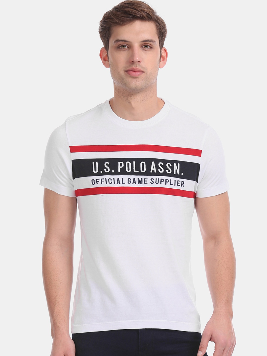 

U.S. Polo Assn. Men White Printed Round Neck Pure Cotton T-shirt