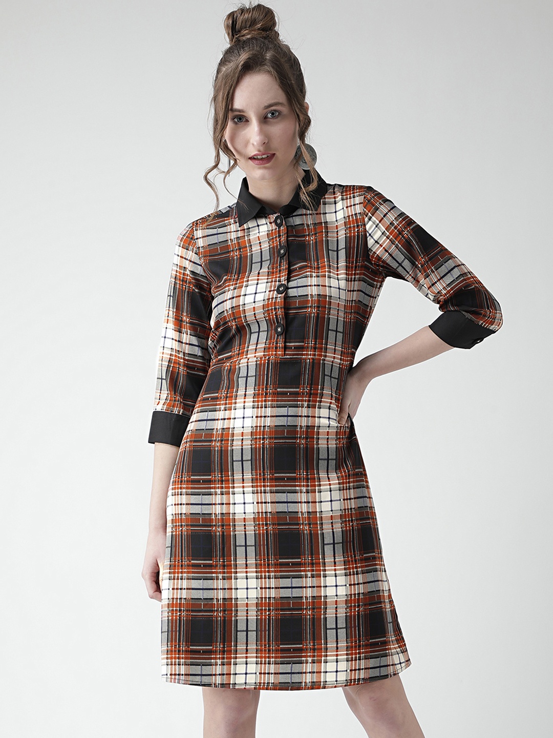 

KASSUALLY Women Brown Plaid Checked Shirt Dress