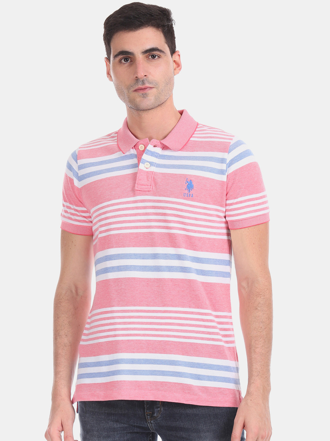 

U.S. Polo Assn. Men Pink Blue Striped Polo Collar Pure Cotton T-shirt