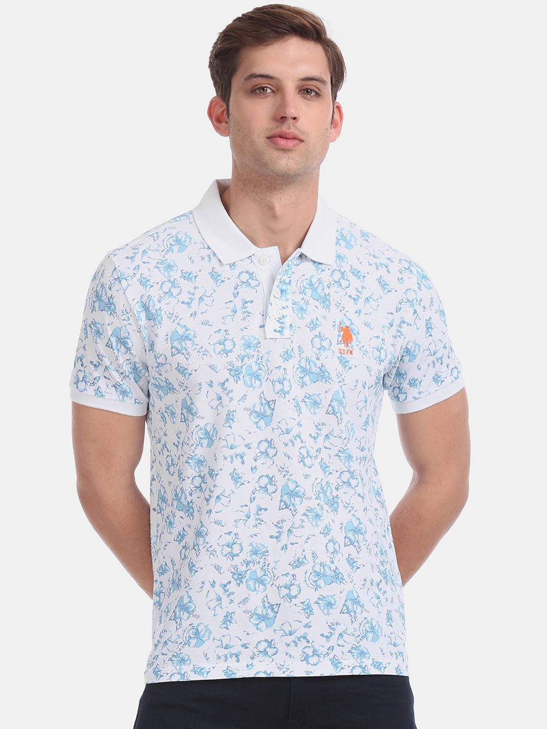 

U.S. Polo Assn. Men White Turquoise Blue Printed Polo Collar Pure Cotton T-shirt