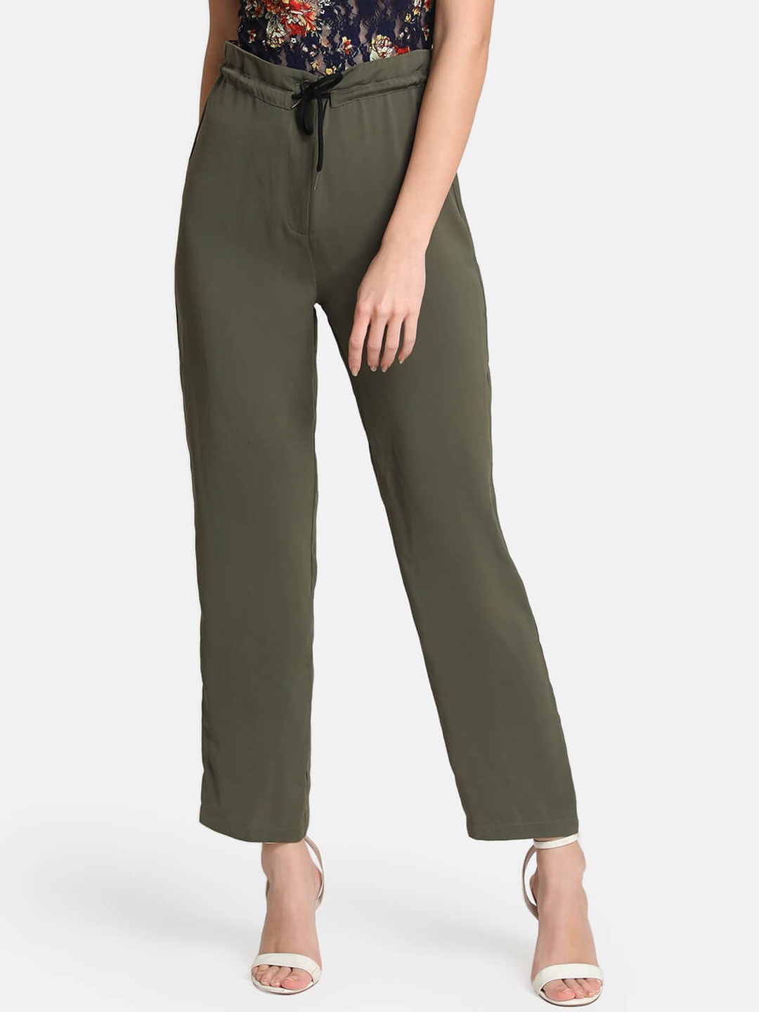 

Kazo Women Olive Green Straight Fit Solid Regular Trousers