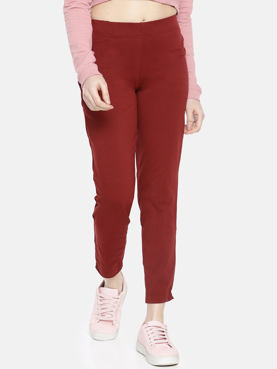 

Dollar Missy Women Maroon Smart Straight Fit Solid Cigarette Trousers
