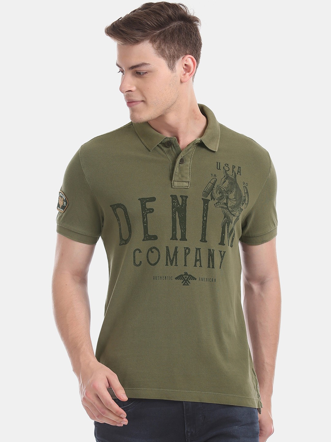 

U.S. Polo Assn. Men Olive Green Printed Polo Collar Pure Cotton T-shirt