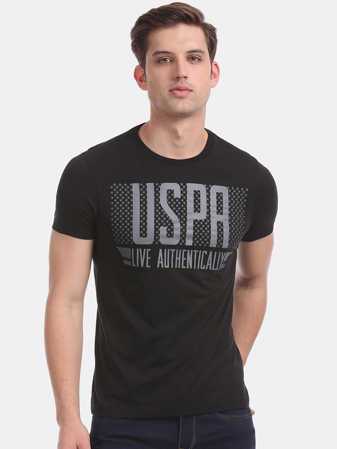 

U.S. Polo Assn. Men Black Printed Round Neck Pure Cotton T-shirt