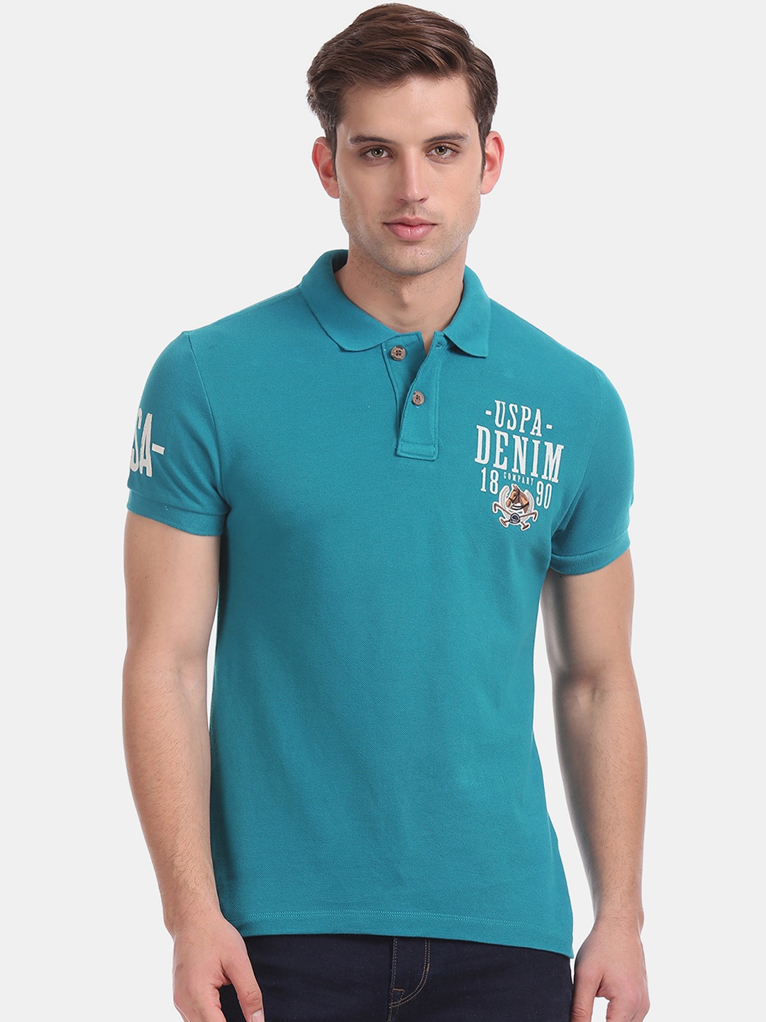 

U.S. Polo Assn. Men Blue Printed Polo Collar Pure Cotton T-shirt