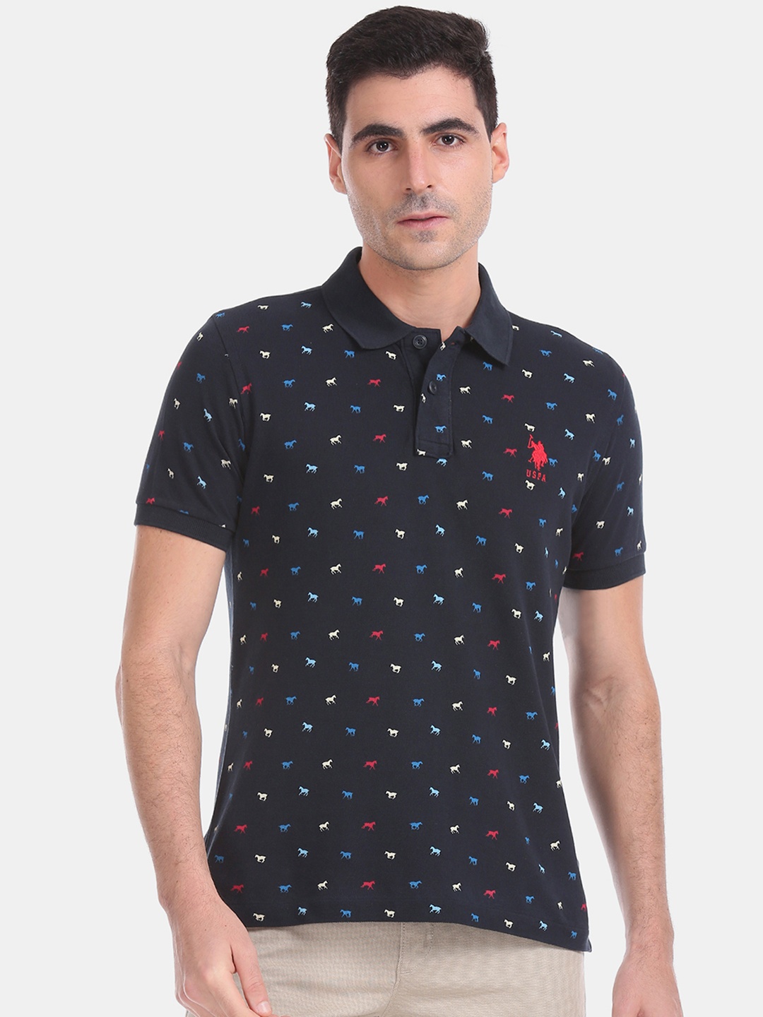 

U.S. Polo Assn. Men Blue Printed Polo Collar Pure Cotton T-shirt