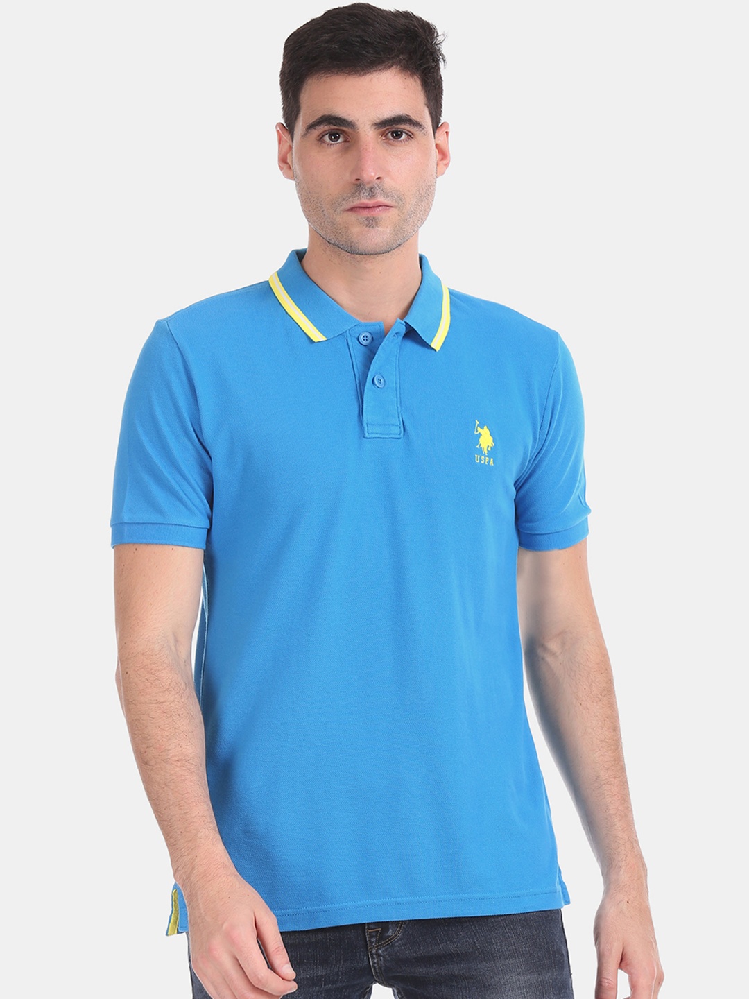 

U.S. Polo Assn. Men Blue Solid Polo Collar Pure Cotton T-shirt