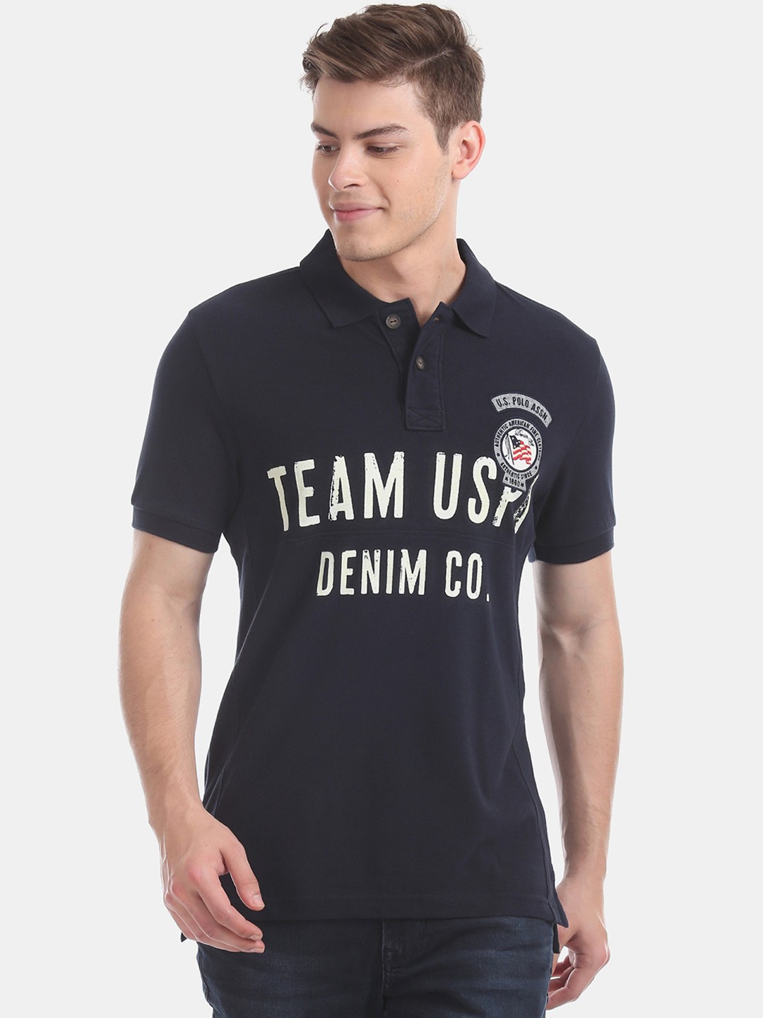 

U.S. Polo Assn. Men Navy Blue Printed Polo Collar Pure Cotton T-shirt