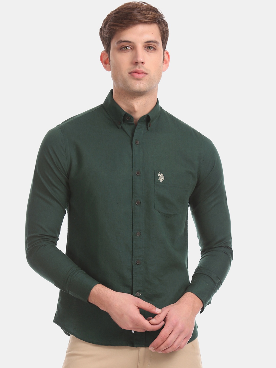 

U.S. Polo Assn. Men Green Regular Fit Solid Casual Shirt