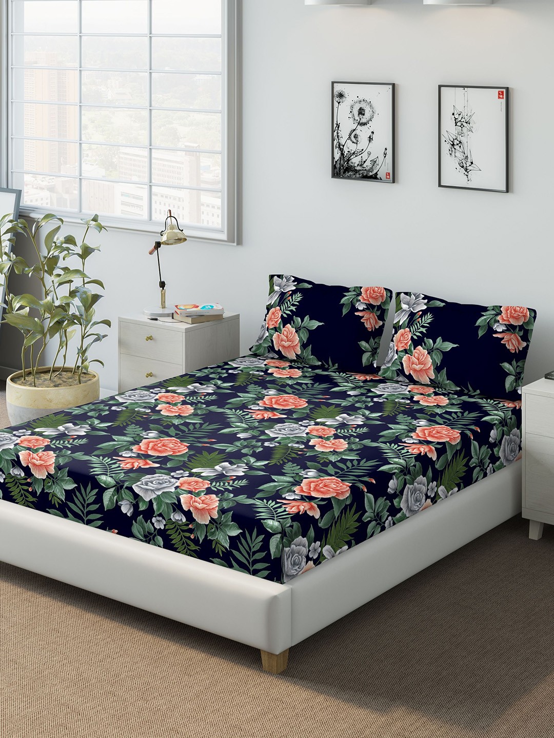 

DDecor Navy Blue & Green Floral 400 TC Cotton 1 King Bedsheet with 2 Pillow Covers
