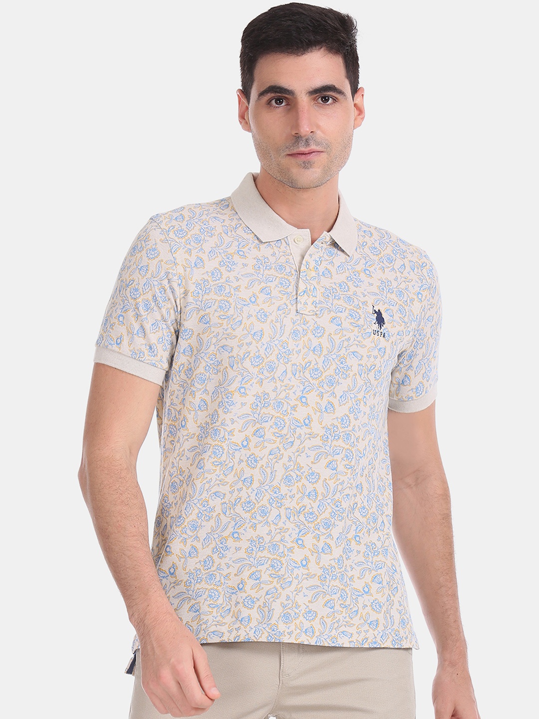 

U.S. Polo Assn. Men Beige Printed Polo Collar Pure Cotton T-shirt