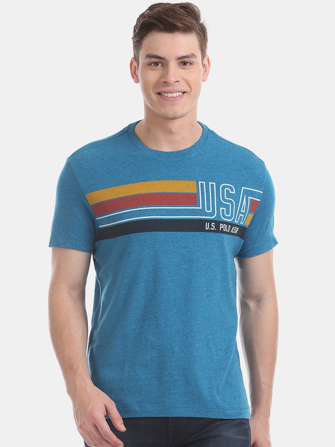 

U.S. Polo Assn. Men Blue Printed Round Neck Pure Cotton T-shirt