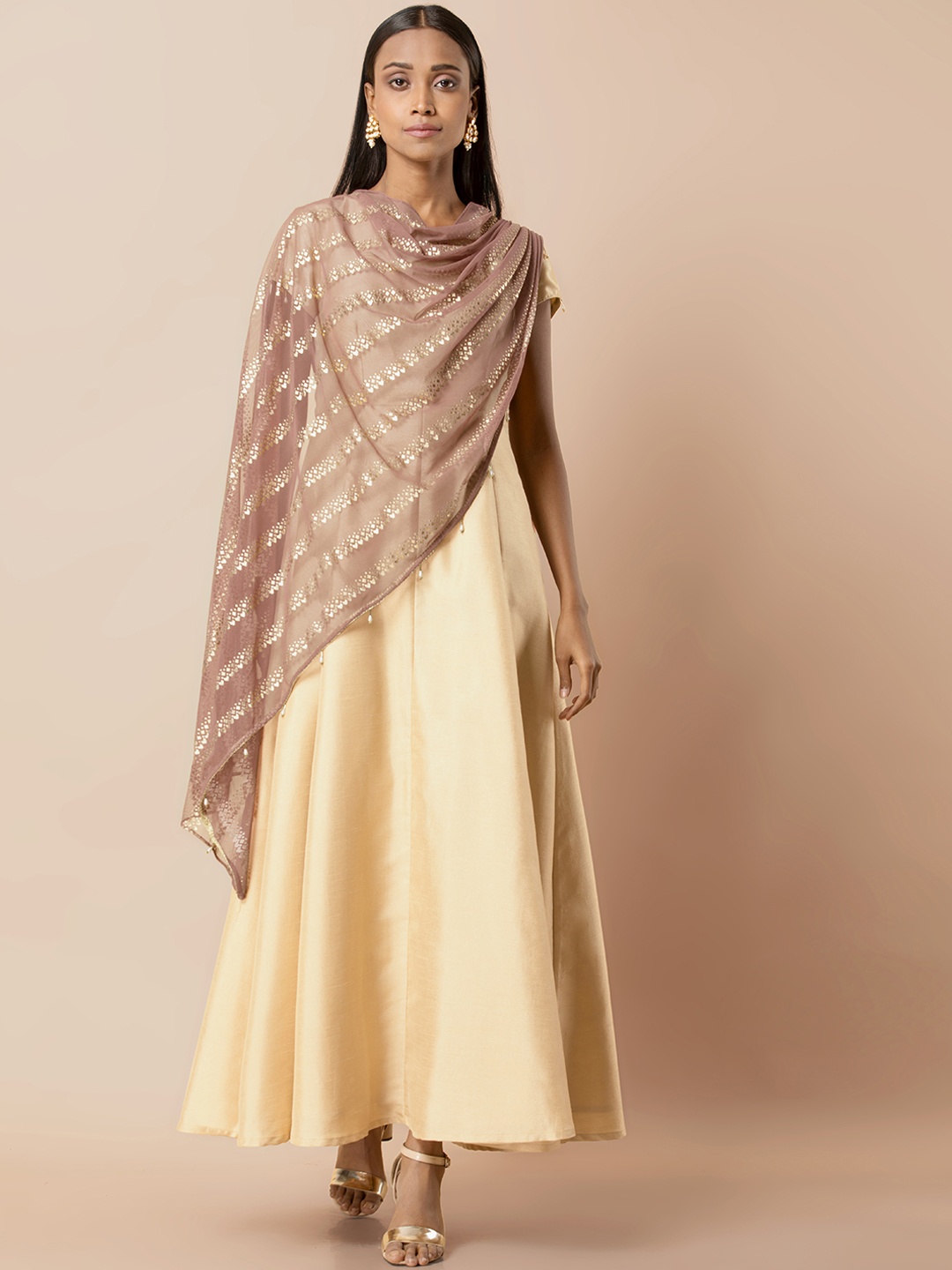 

INDYA Women Beige Solid A-Line Kurta with Attached Foil Printed Dupatta