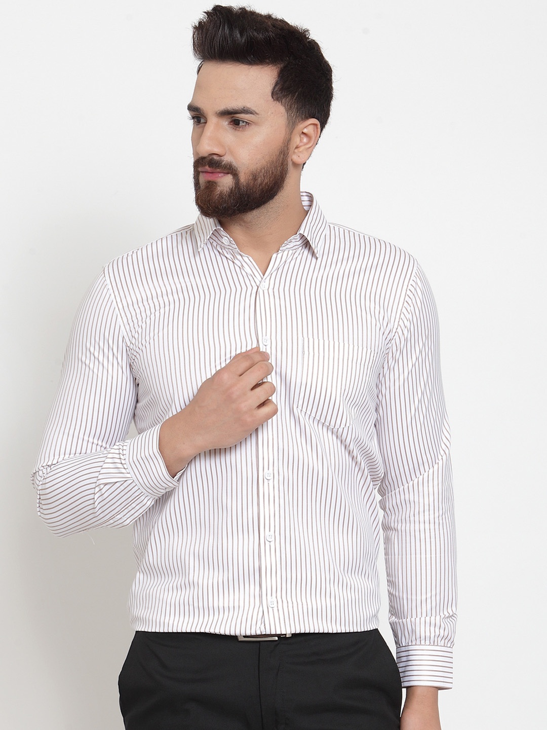 

JAINISH Men White & Brown Regular Fit Striped Formal Shirt