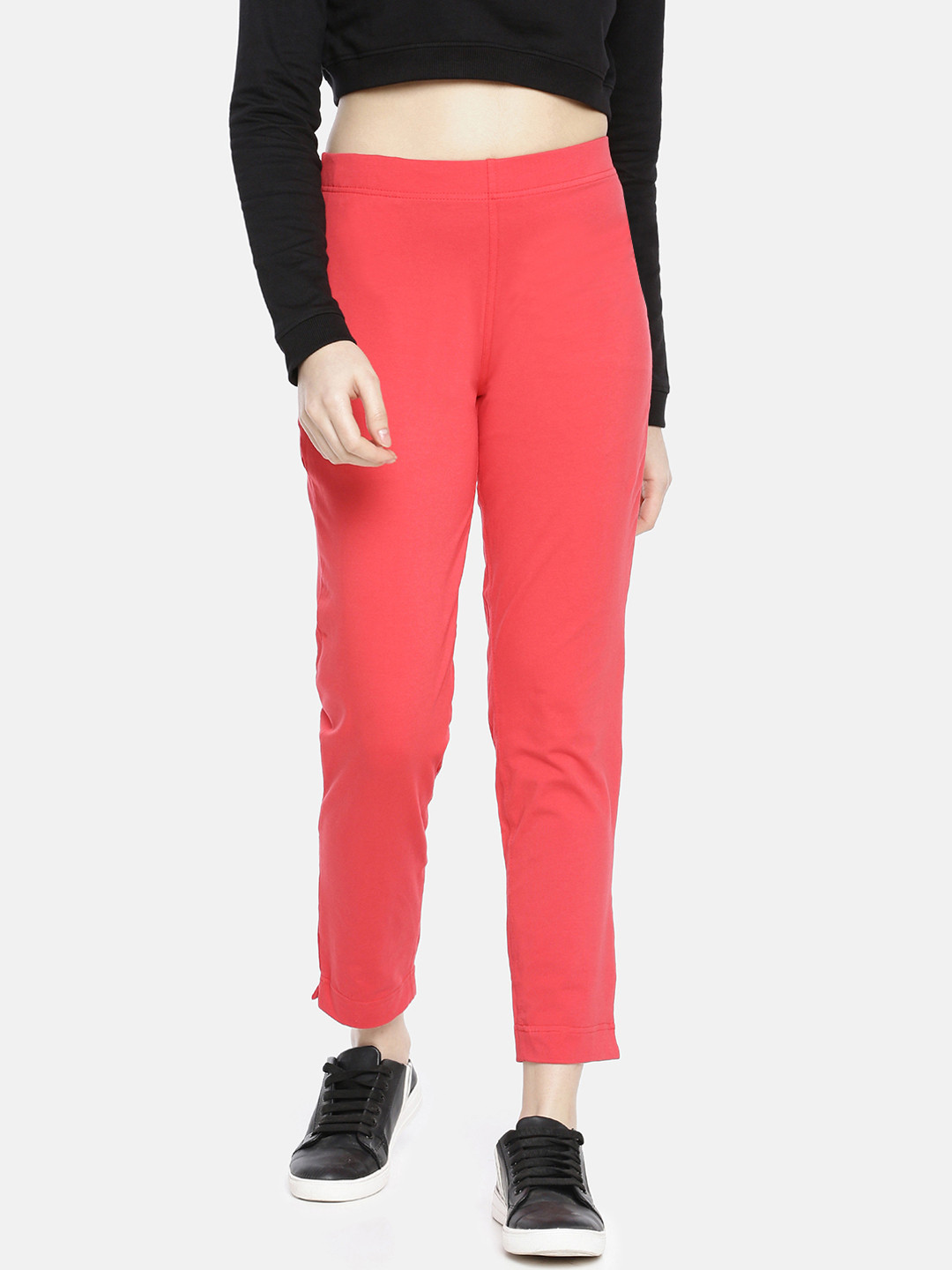 

Dollar Missy Women Coral Red Smart Straight Fit Solid Cigarette Trousers