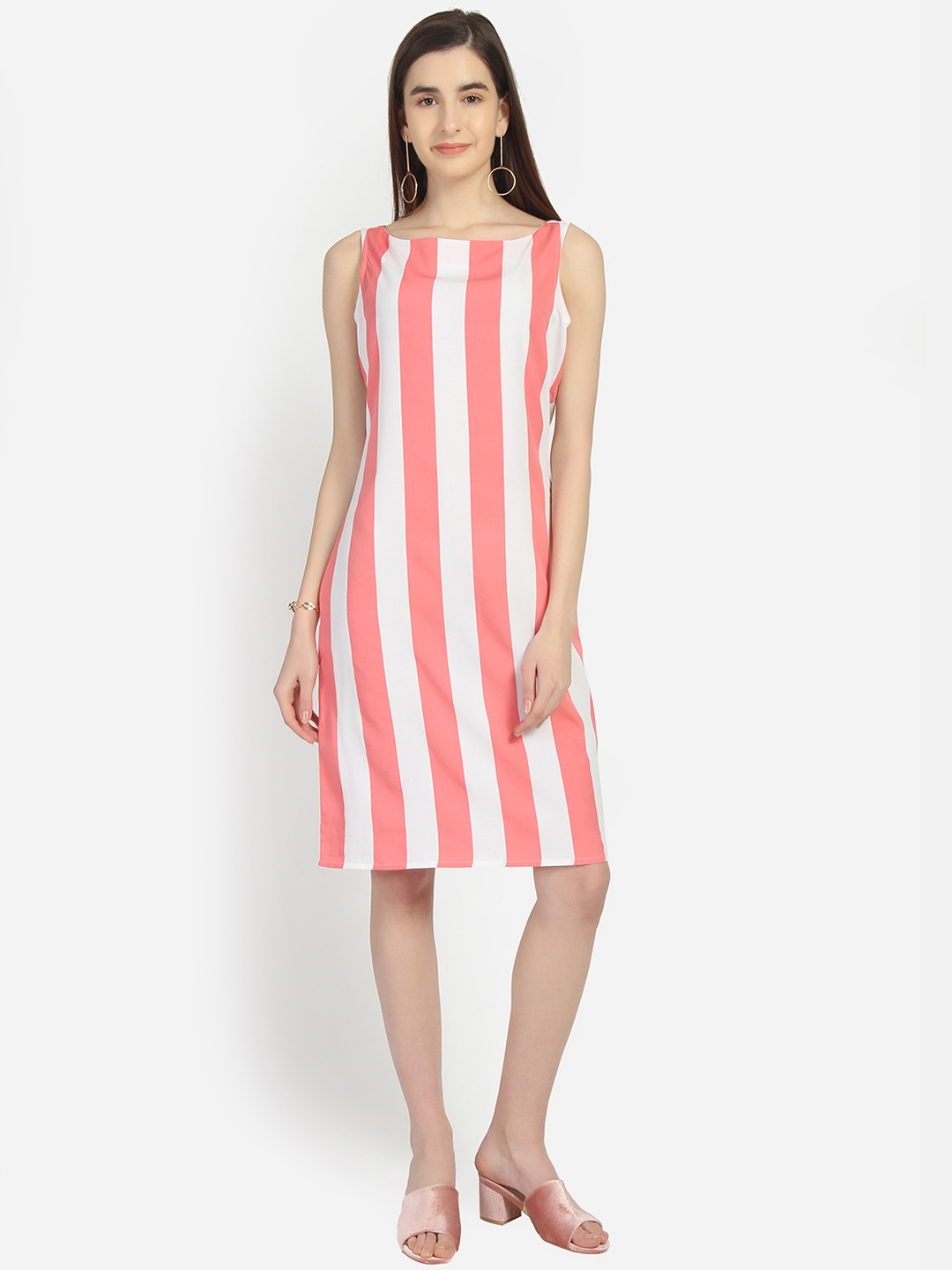 

Yaadleen Women Coral Pink Striped Sheath Dress