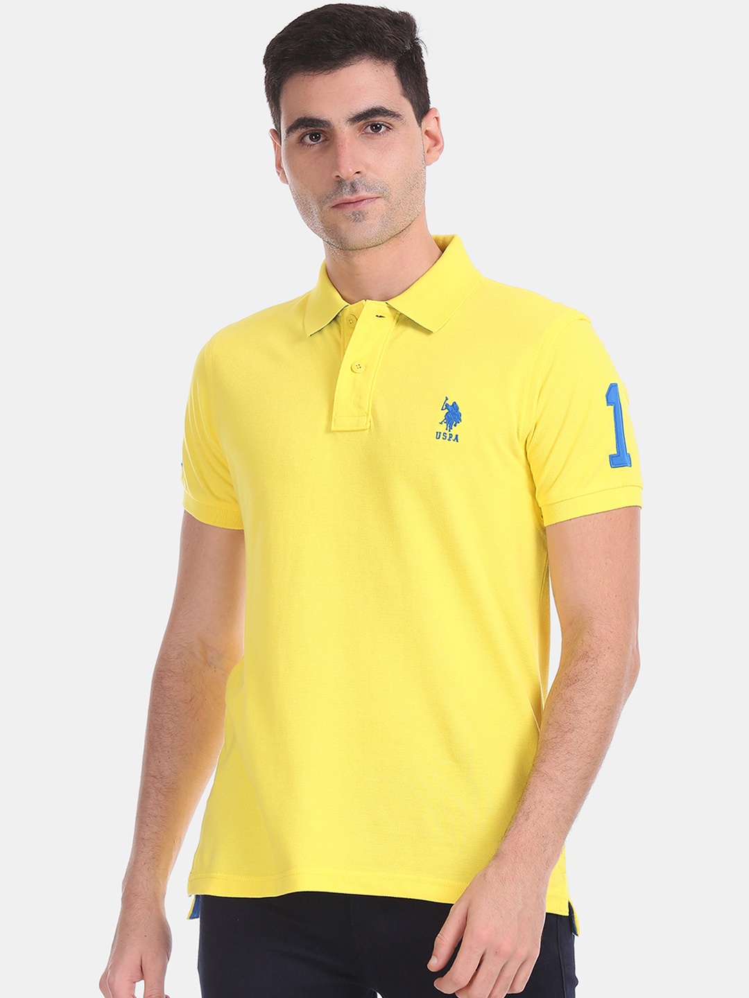 

U.S. Polo Assn. Men Yellow Blue Printed Polo Collar Pure Cotton T-shirt
