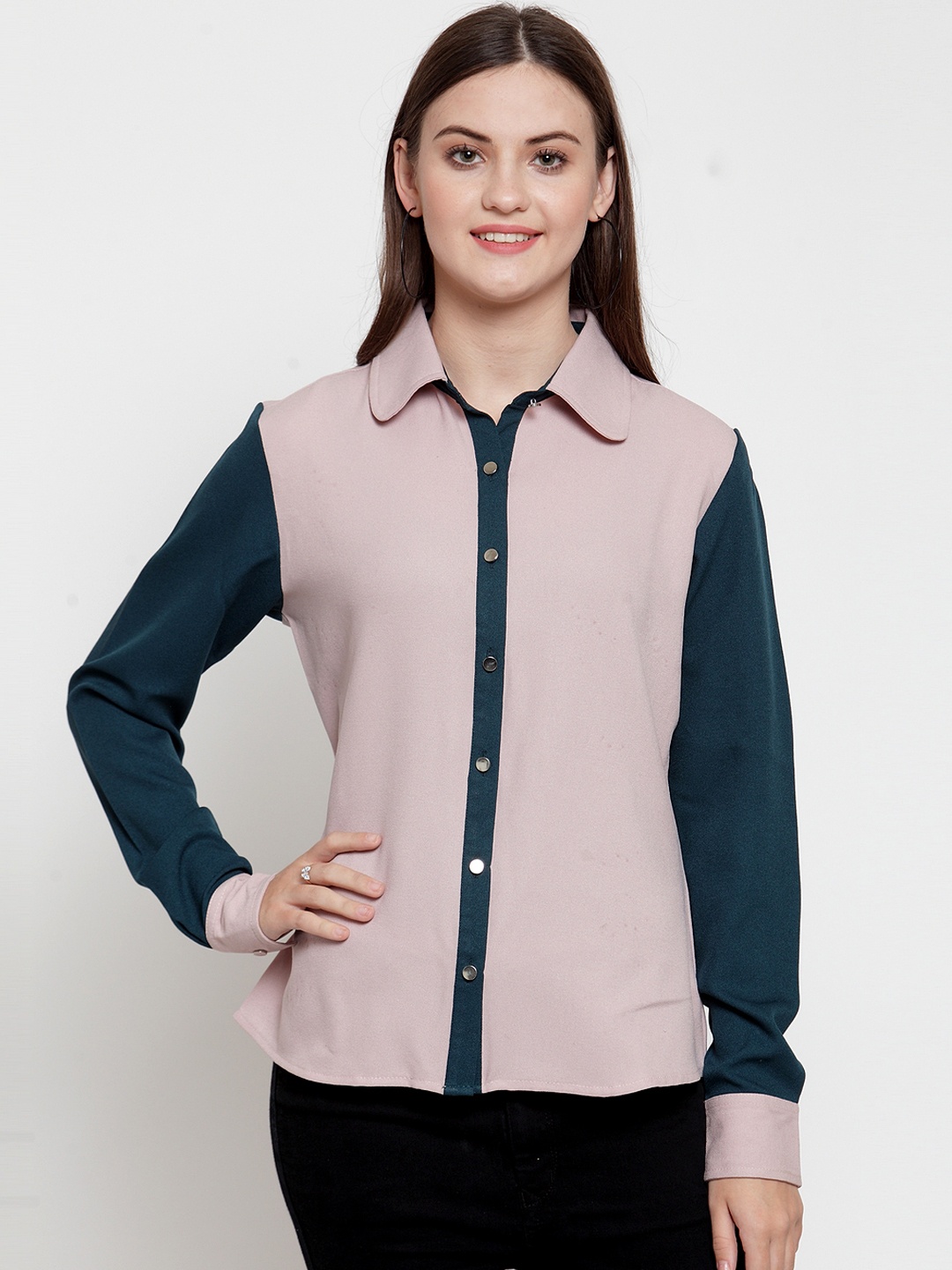 

armure Women Pink & Teal Green Regular Fit Colourblocked Casual Shirt