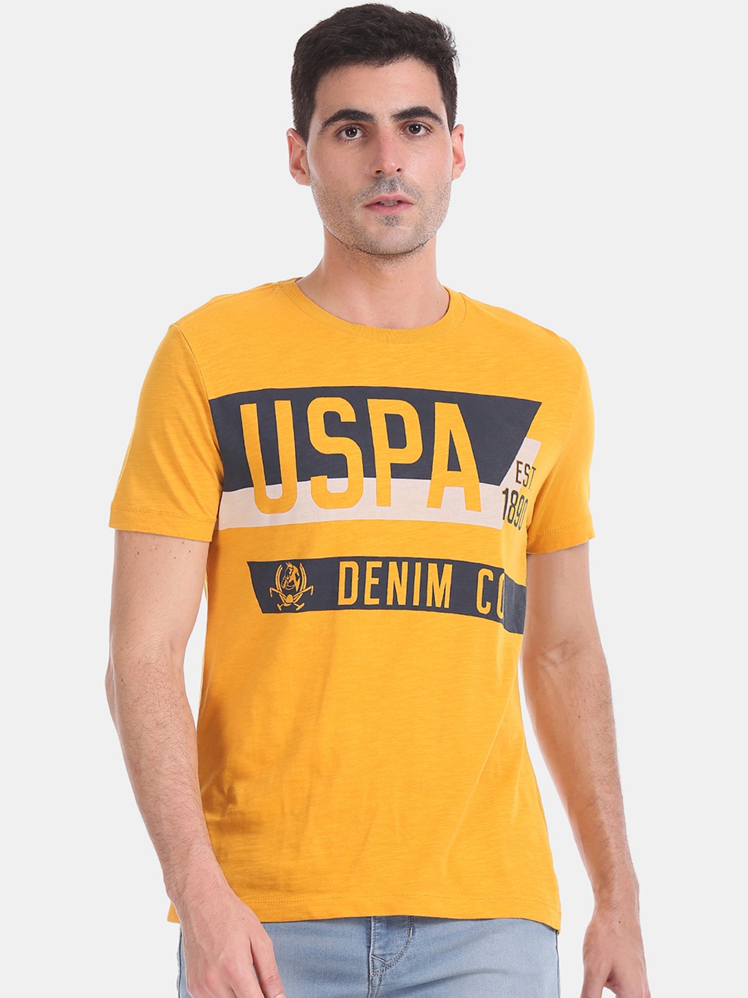 

U.S. Polo Assn. Denim Co. Men Yellow Blue Printed Round Neck Pure Cotton T-shirt