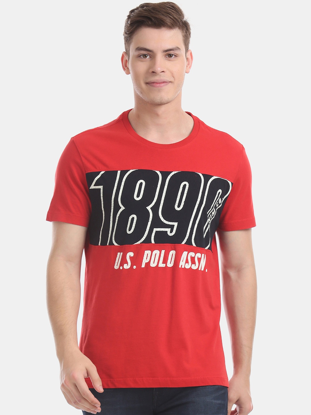 

U.S. Polo Assn. Men Red Printed Round Neck Pure Cotton T-shirt