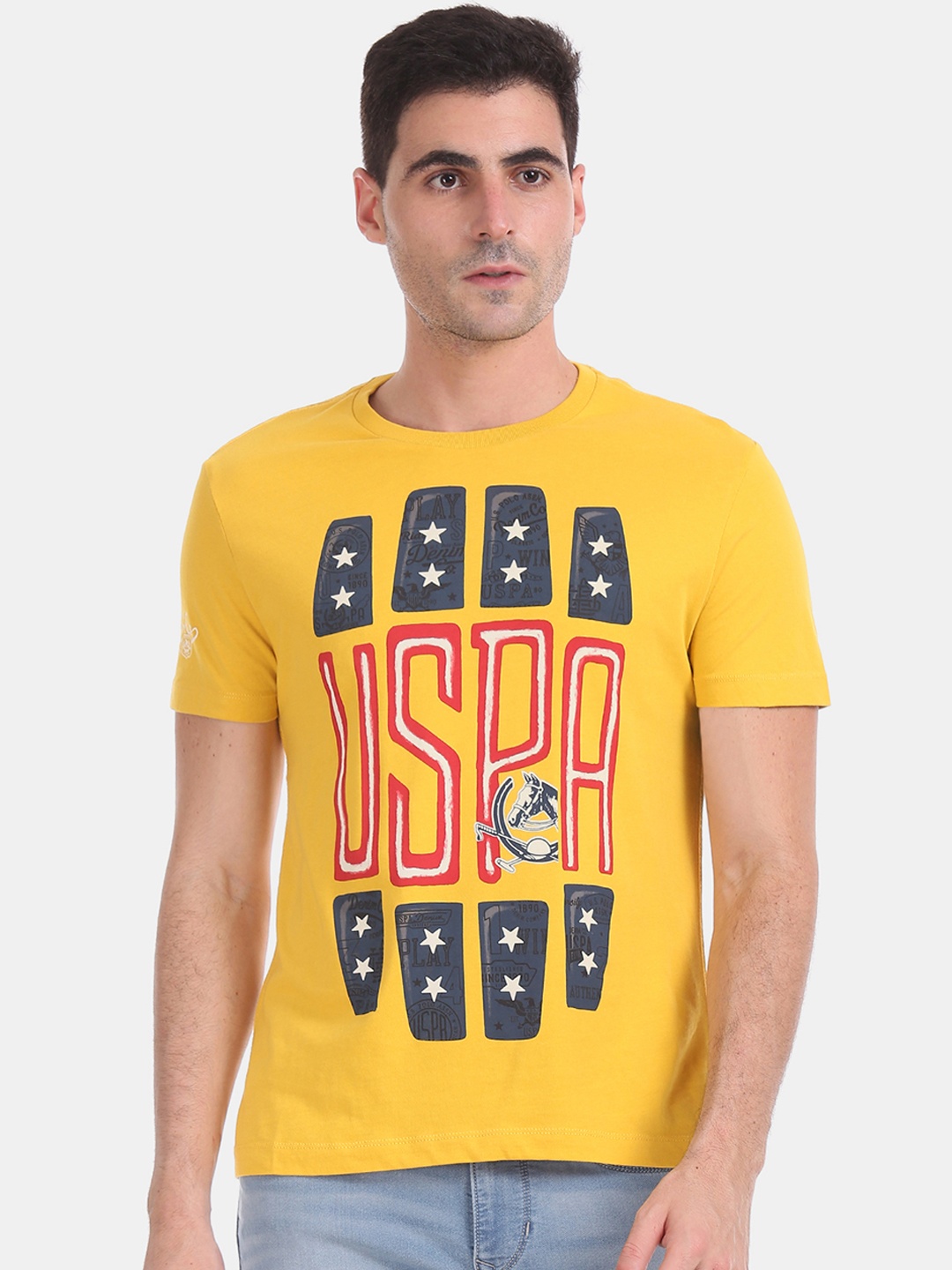 

U.S. Polo Assn. Men Yellow Blue Printed Round Neck Pure Cotton T-shirt
