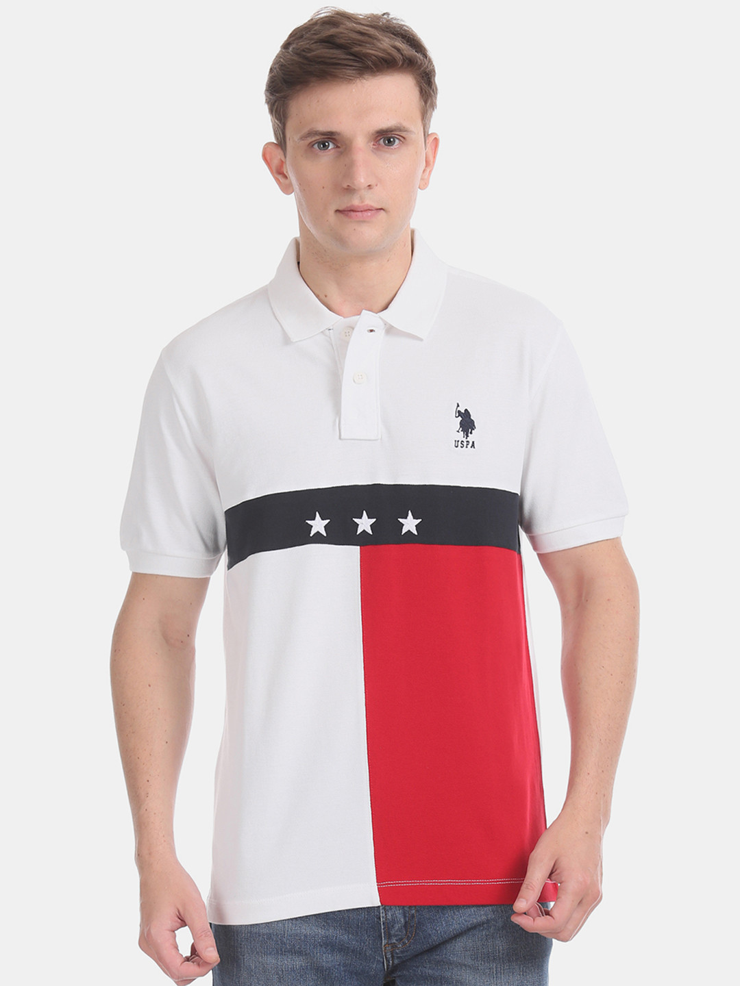 

U.S. Polo Assn. Men White Colourblocked Polo Collar Pure Cotton T-shirt