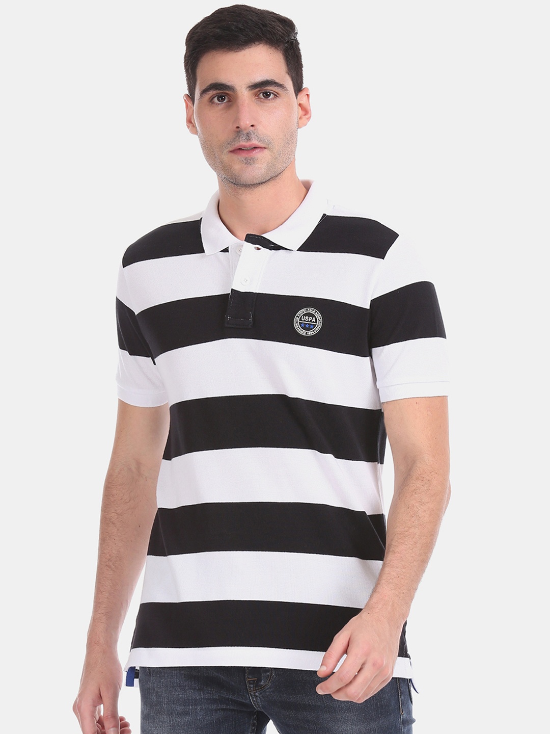 

U.S. Polo Assn. Men Black Striped Polo Collar Pure Cotton T-shirt
