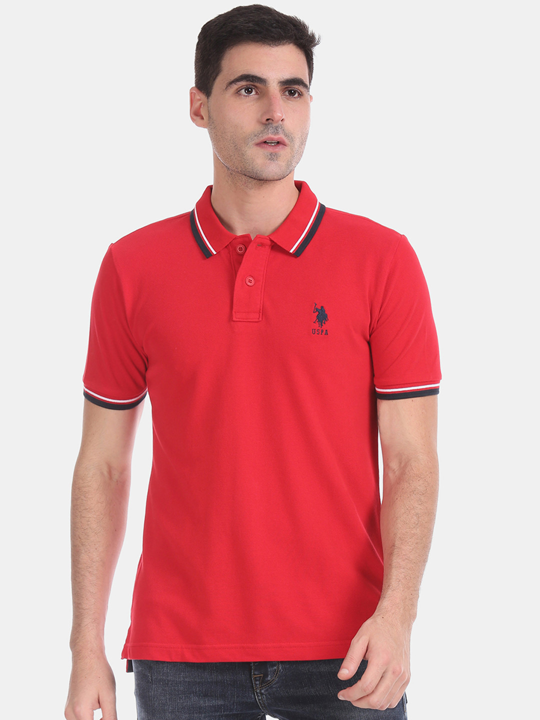 

U.S. Polo Assn. Men Red Solid Polo Collar Pure Cotton T-shirt