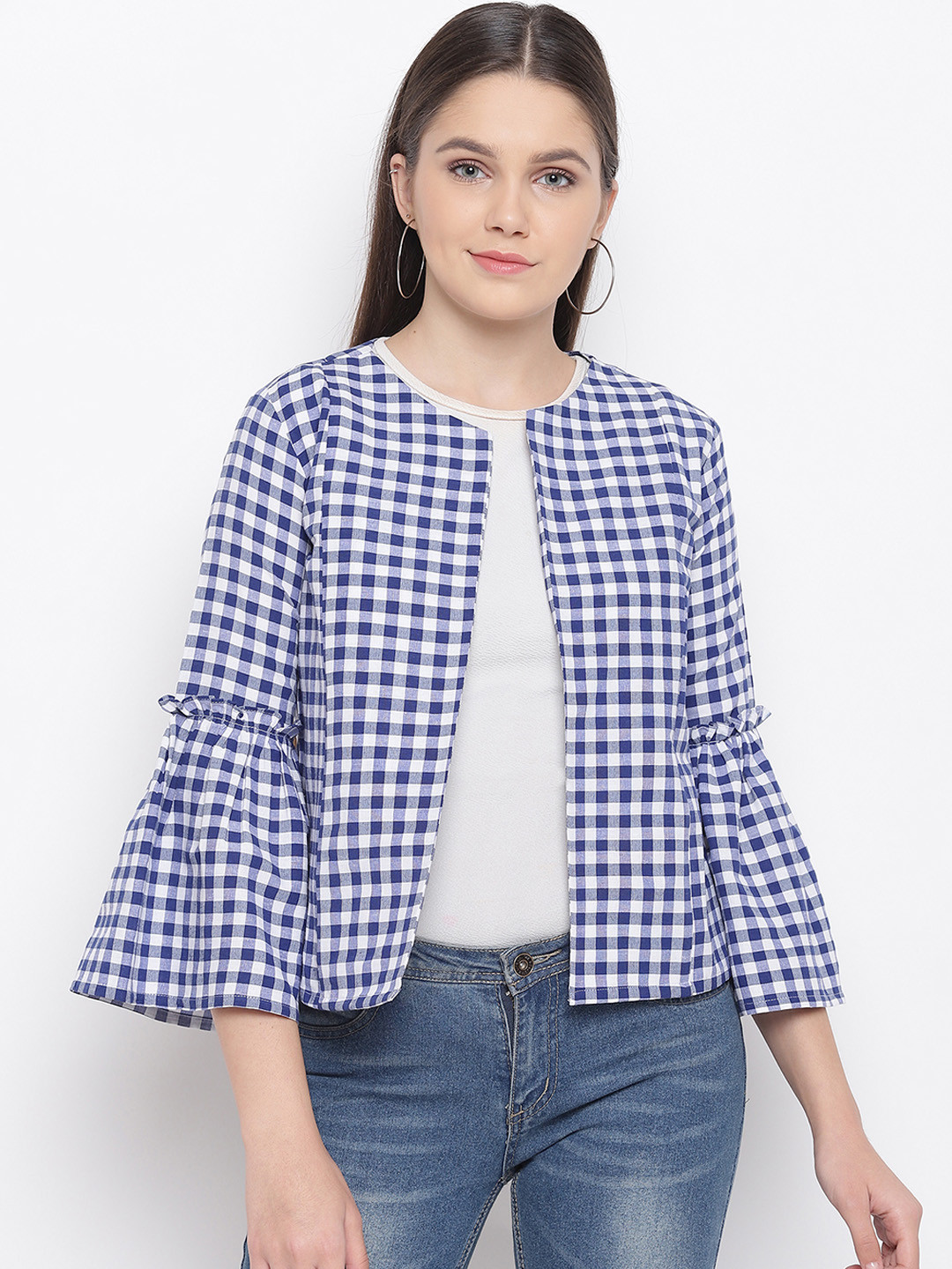 

FABNEST Women Blue Checked Lightweight Open Front Jacket