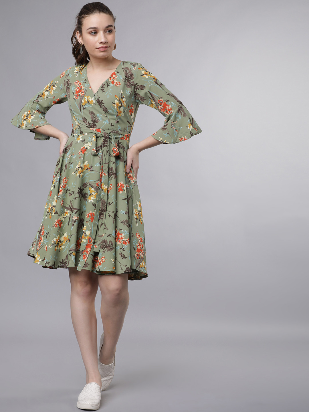 

Tokyo Talkies Women Olive Green & Orange Printed Wrap Dress