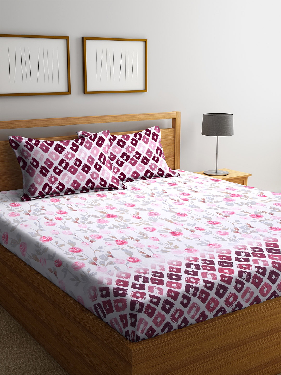 

KLOTTHE White & Purple Floral 210 TC Cotton 1 King Bedsheet with 2 Pillow Covers