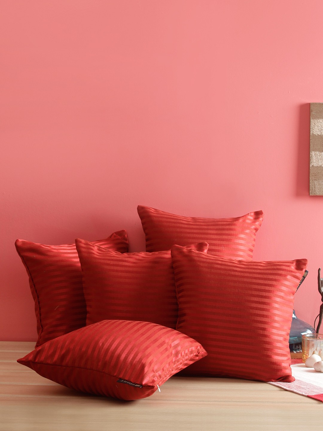 

ROMEE Red Set of 5 Self Striped Square Cushion Covers